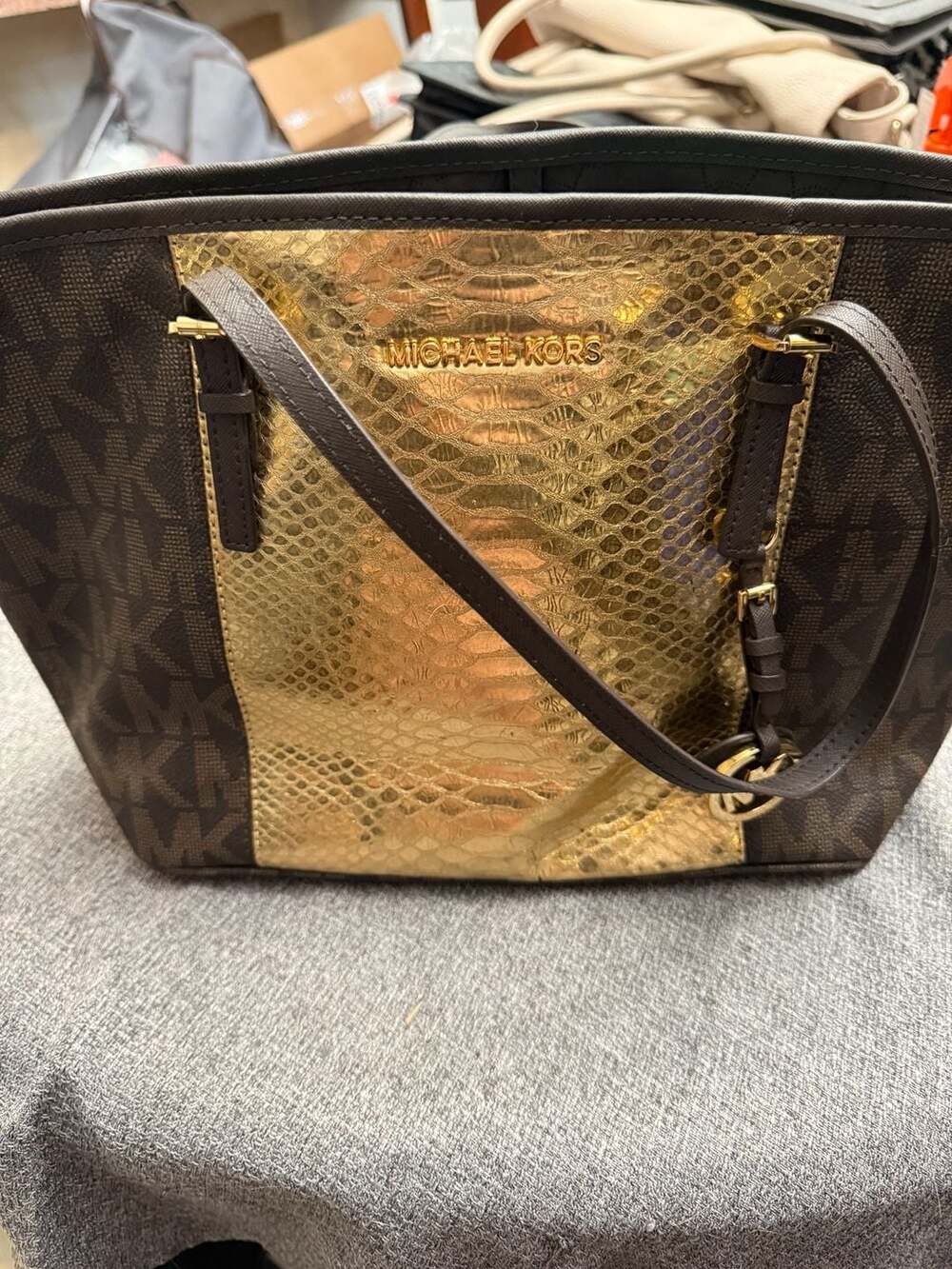 Michael Kors Jet Set Travel Center Stripe Brown & Gold Python Embossed Tote Bag